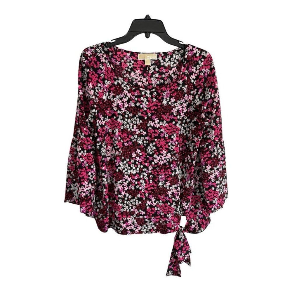 Michael Kors Women Shirt Adult Size Medium Pink Floral Bell Sleeve Tie 3/4 Waist